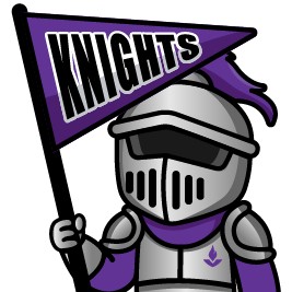 A Duke the Knight emoji proudly holding a purple Knights pennant